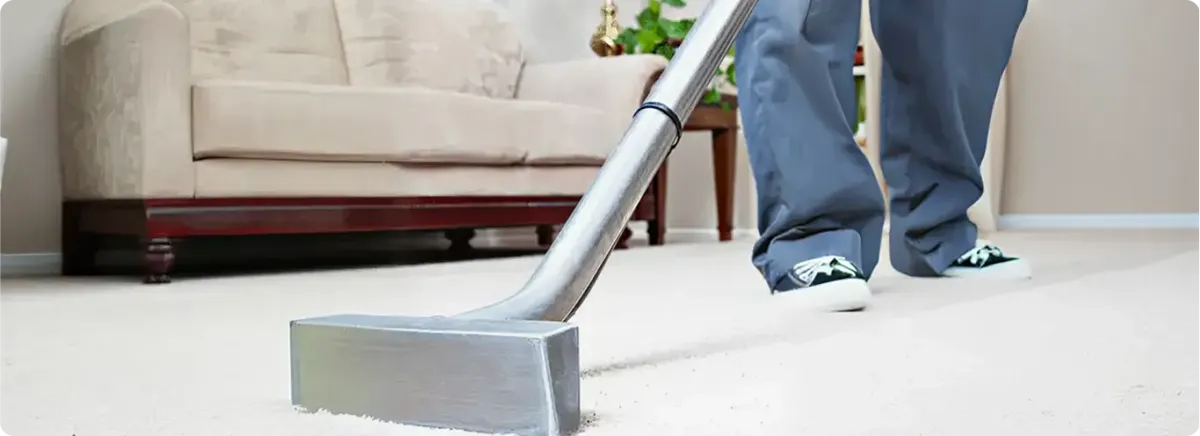 Carpet cleaning technician using a hot-water extraction wand on a light-colored carpet in a living room, Austin, TX.